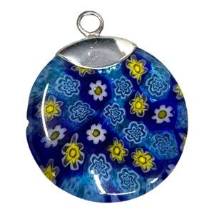 Millefiori Glass Pendant Handcrafted Blue Floral Venetian Charm Sterling Cap 1"